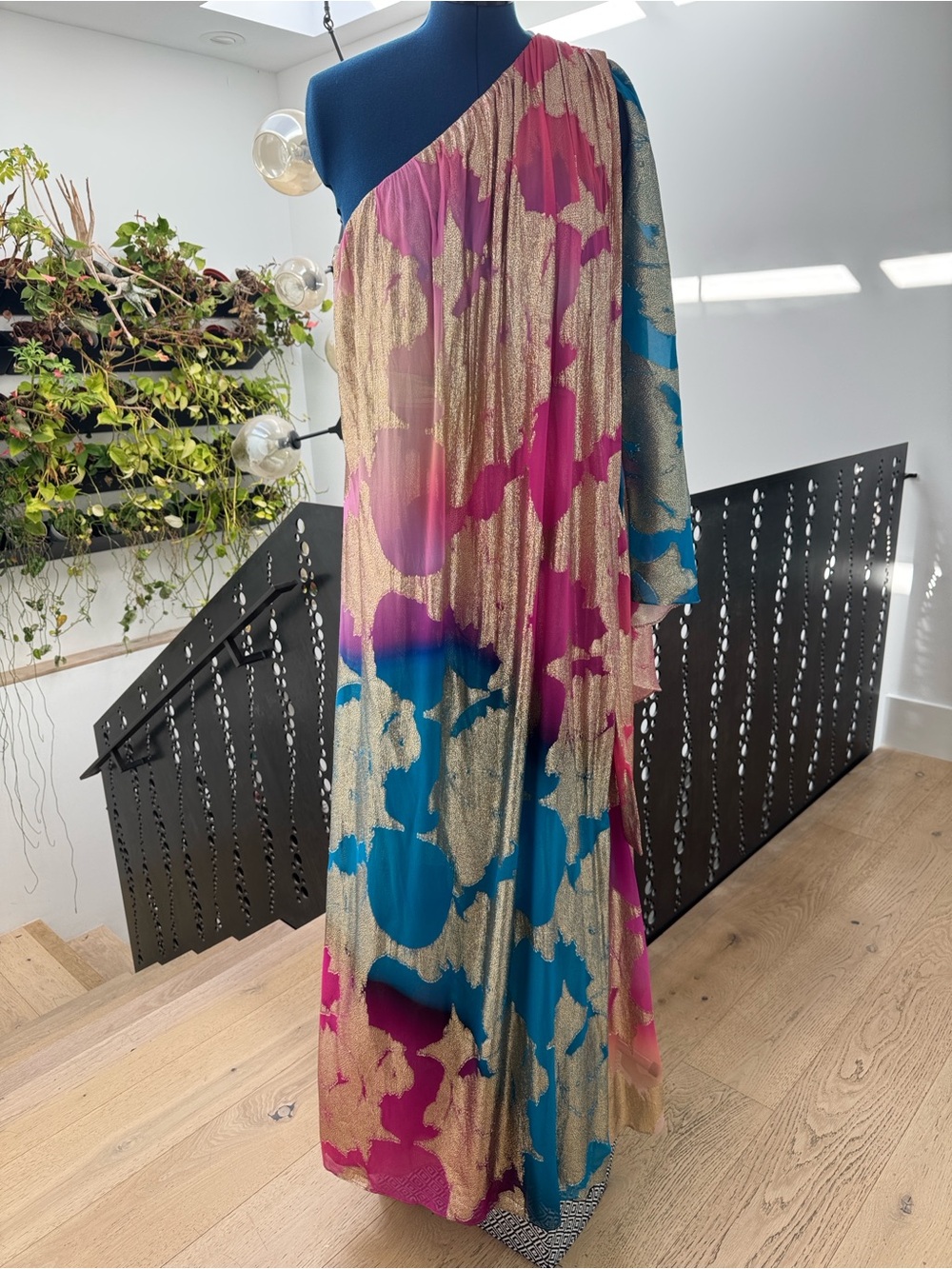 Halston Heritage One-Shoulder Draped Accent Fabric in Fuchsia, Teal & Gold